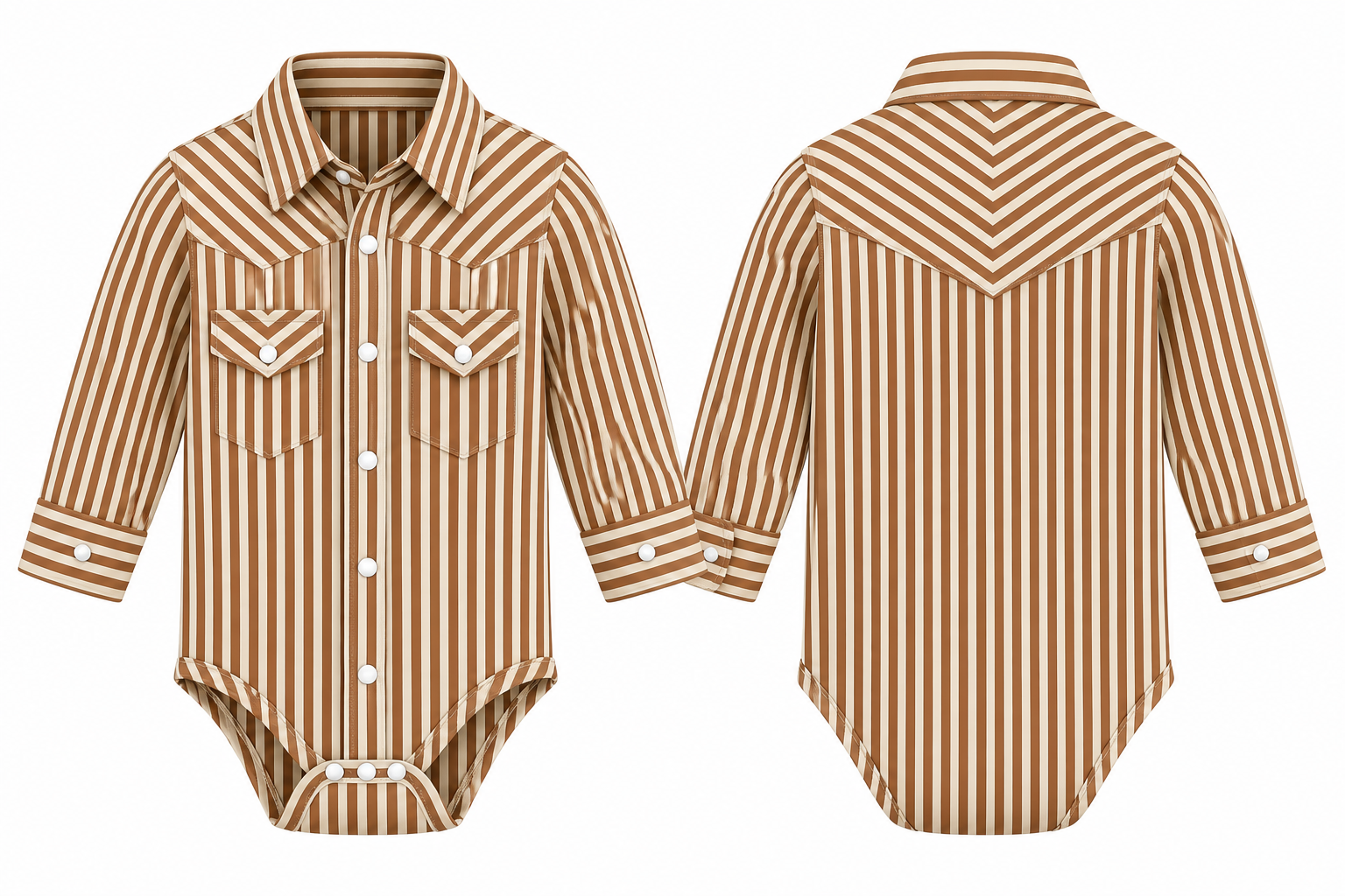 Tan & Cream Wide Striped -  Infant Performance LS Pearl Snap Onsie (6PCS)