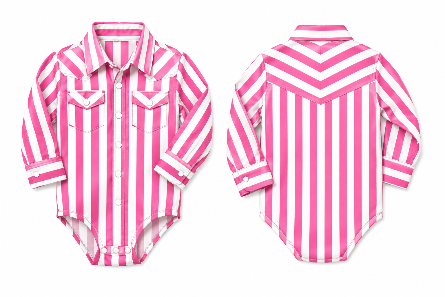 Pink & White Wide Stripe -  Infant Performance LS Pearl Snap Onsie (6PCS)