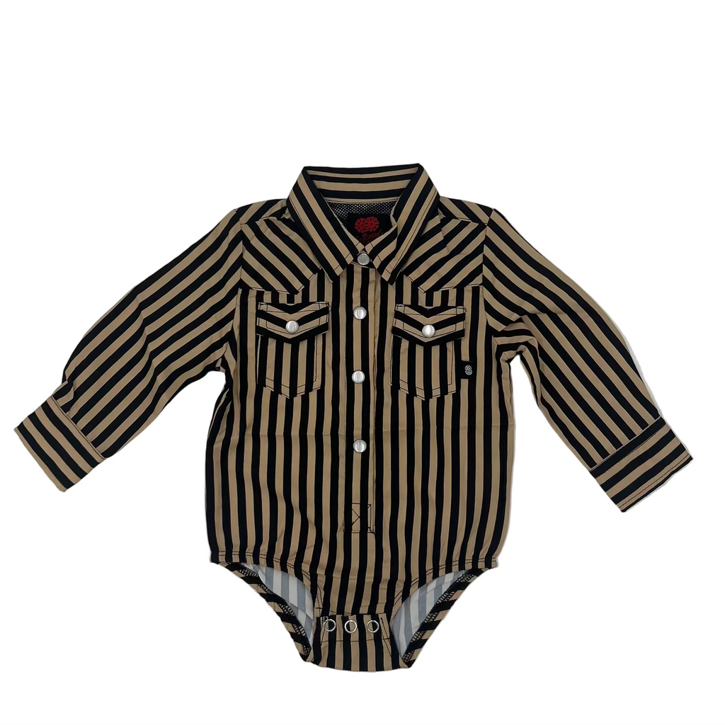 Black & Tan 1/4" Stripe - Infant Performance LS Pearl Snap Onesie